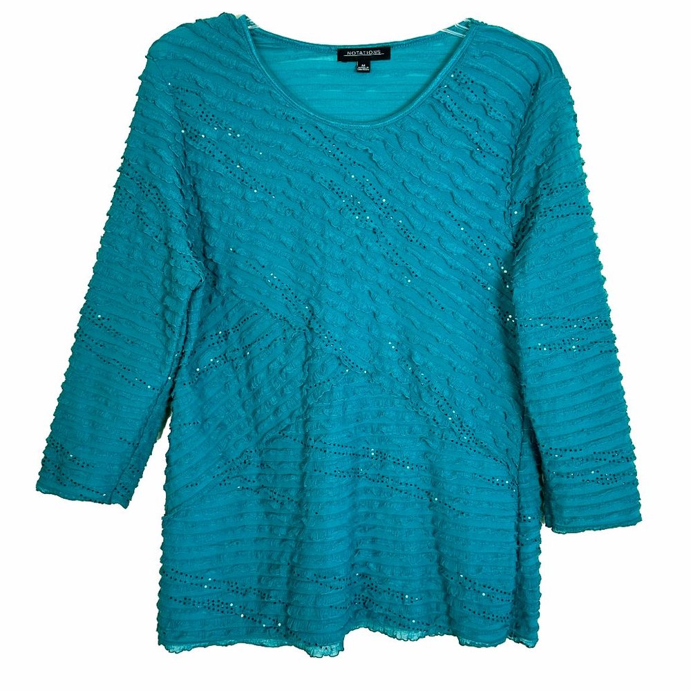 NOTATIONS Women’s 3/4 Sleeve Layered Sheer Ruffles Sequined top Teal Size M